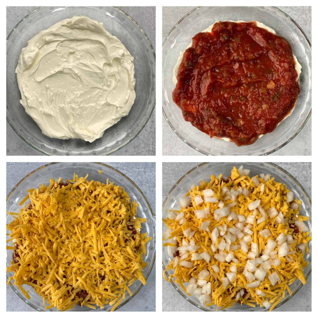 collage of 4 photos showing step by step making the salsa dip. 
Top left: cream cheese blend in the pie plate.
Top right: salsa added to the top
Bottom left: shredded cheese now added
Bottom right: Diced onions now added to make the dip complete.