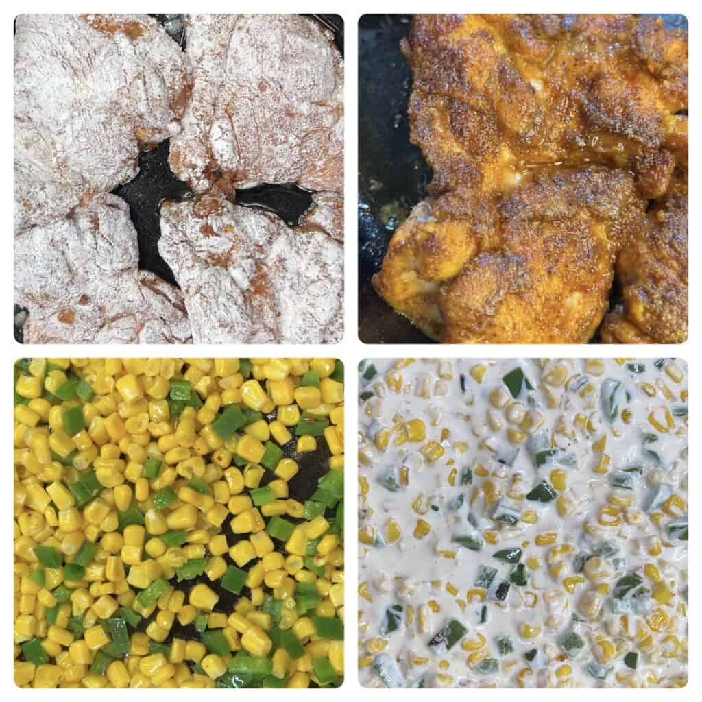 collage of 4 process photos.
Upper left: floured chicken thighs cooking in the skillet.
Upper right: seasoned side of the chicken facing up, cooking in to the skillet.
Lower left: jalapenos and corn in the skillet.
Lower right: the creamy corn and pepper mixture.