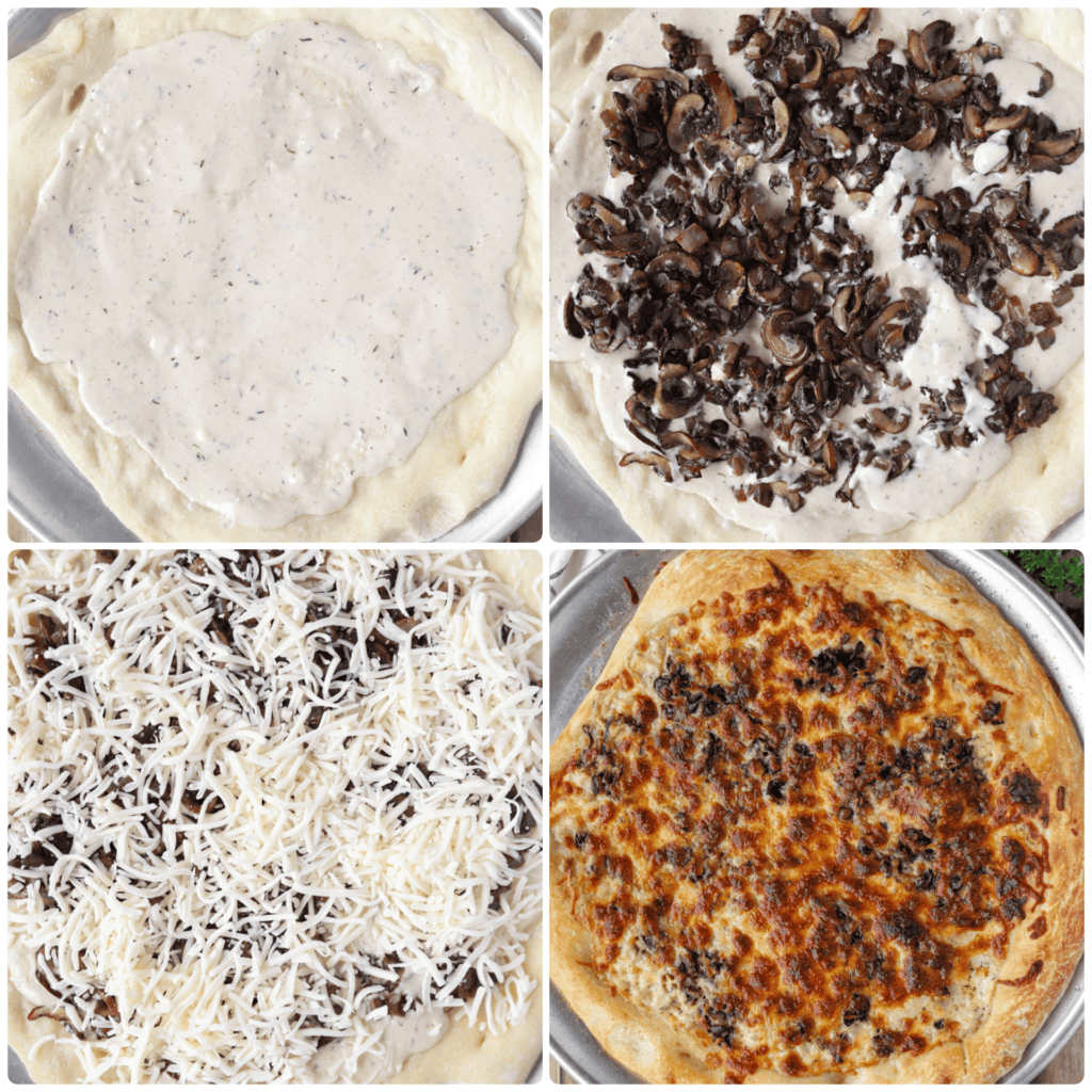 collage of 4 photos making the pizza. 
Upper left: the unbaked pizza dough topped with the asiago Marsala sauce.
Upper right: the pizza now topped with the cooked mushrooms and onions.
Lower left: the pizza now topped with shredded Mozzarella.
Lower right: the baked unsliced pizza on the stainless pan.