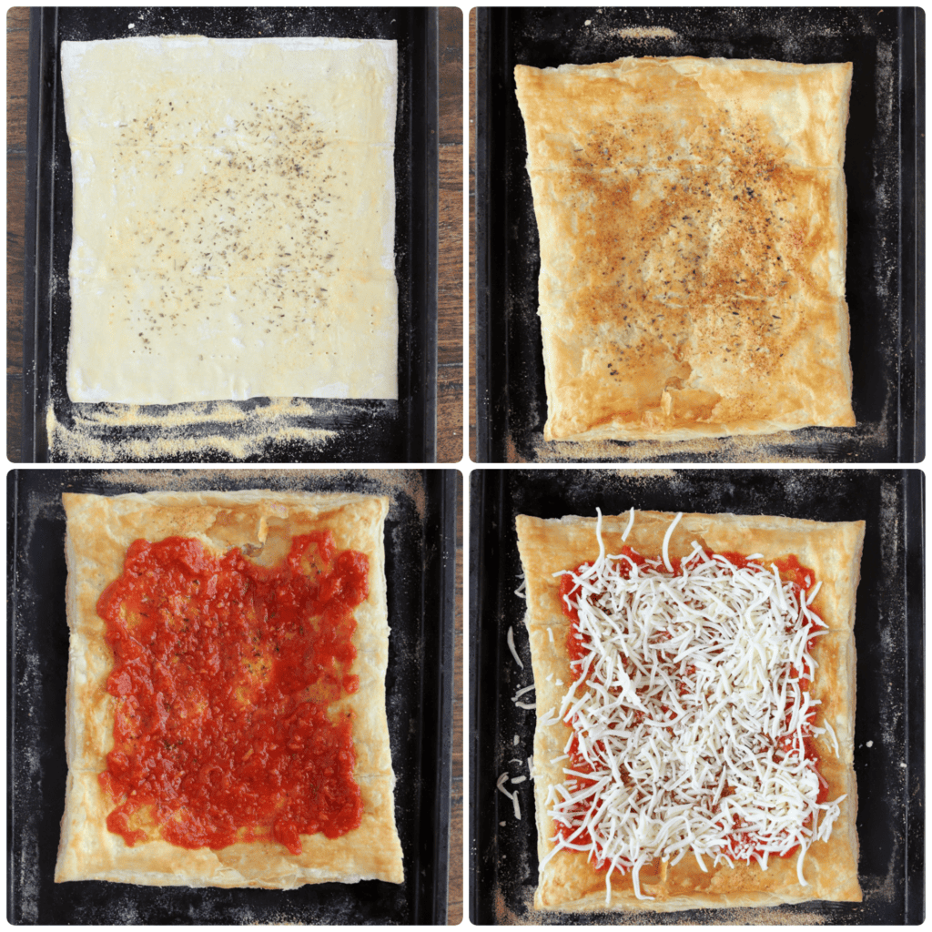 4 step by step photos making the pizza. Upper left: puff pastry sprinkled with Italian seasoning.
Upper right: the prebaked puff pastry.
Lower left: the baked pastry sheet layered with the sauce
Lower right: now the Mozzarella cheese layered on top.